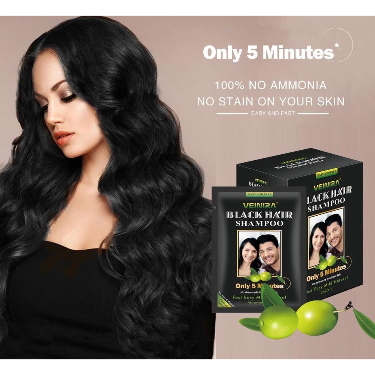 Veinira schwarzes Haar Shampoo - 10 Packungen 25 ml